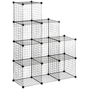 Reol, kubehylde, skohylde, 9 kuber, modulær konstruktion, stål, sort, 35 x 35 x 35 cm pr. kube